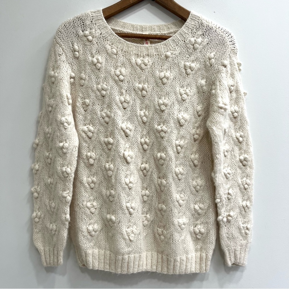 Love Hanna Baby Alpaca Popcorn Knit Crewneck Sweater Cream Pom Pom Small